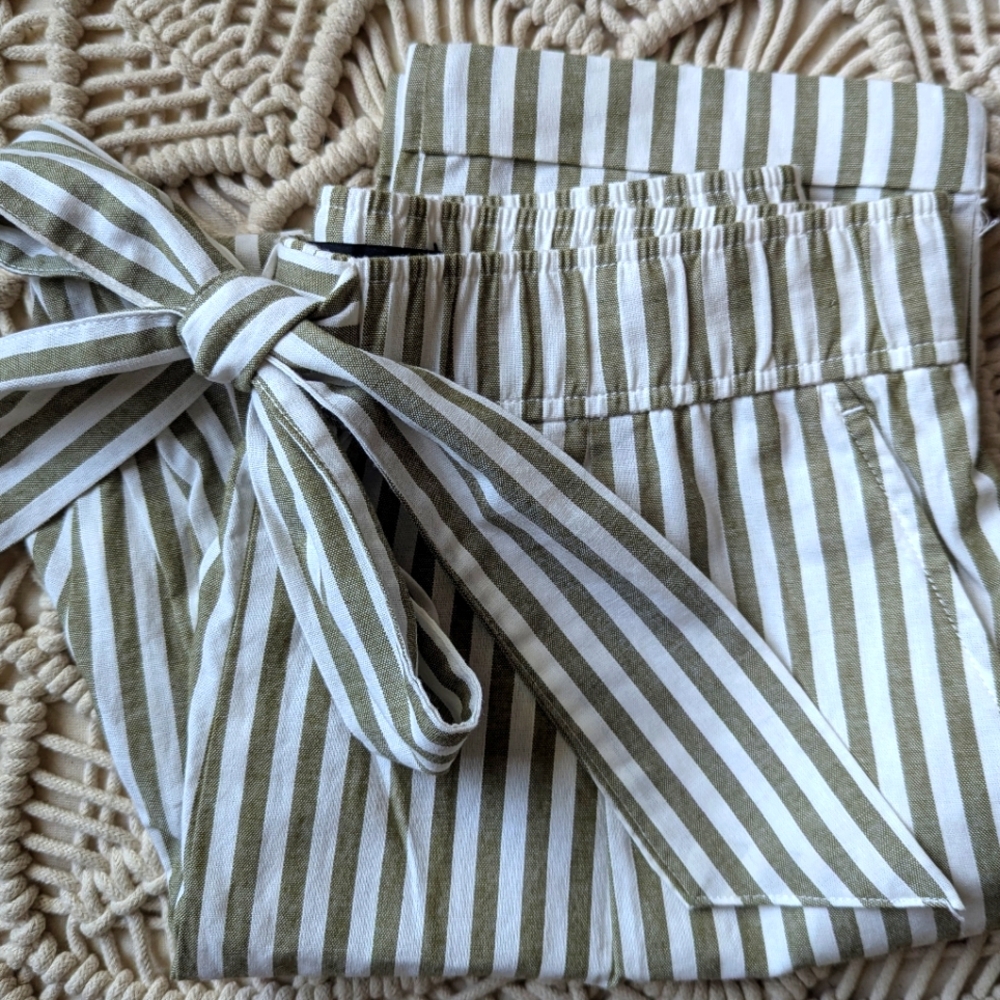 Zara Olive and White Striped Pants, Tie Front